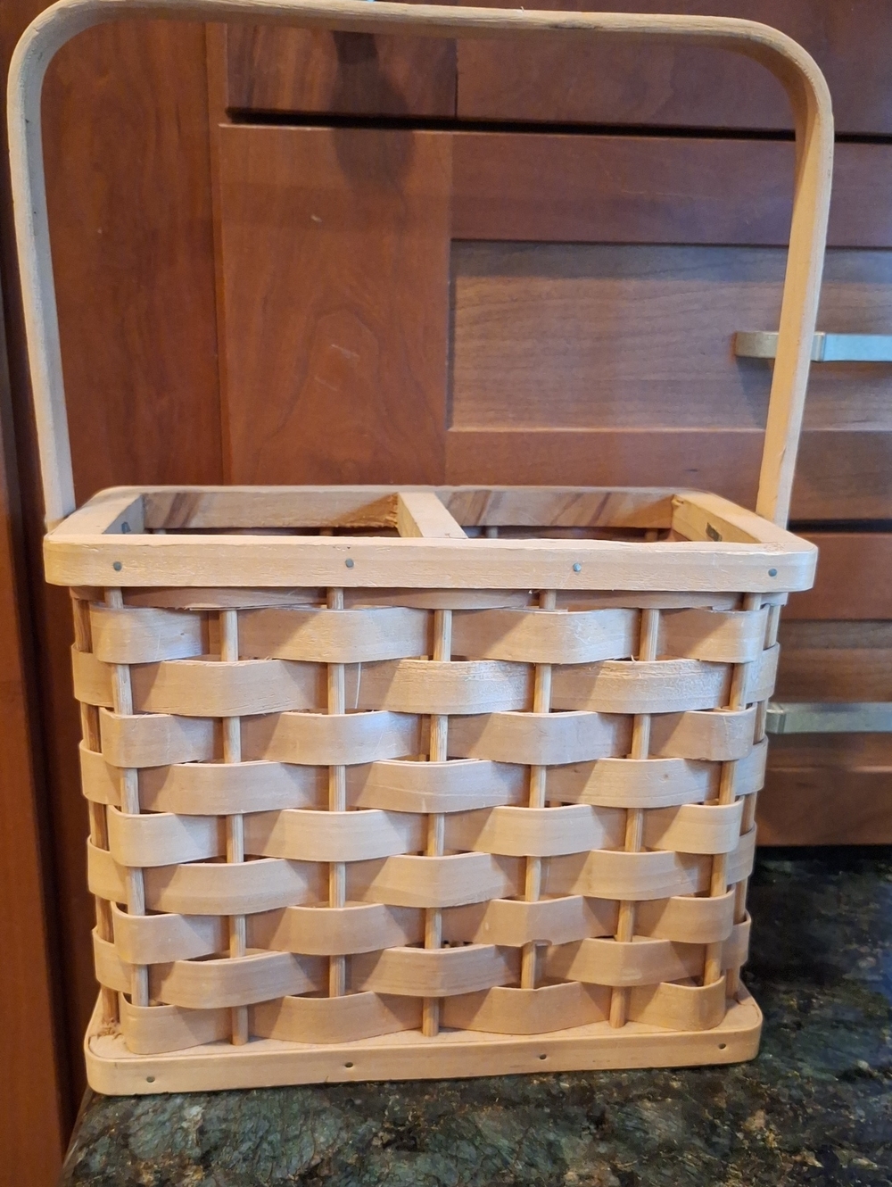 Hand Crafted Natural Wood Woven Basket with Tall Handle